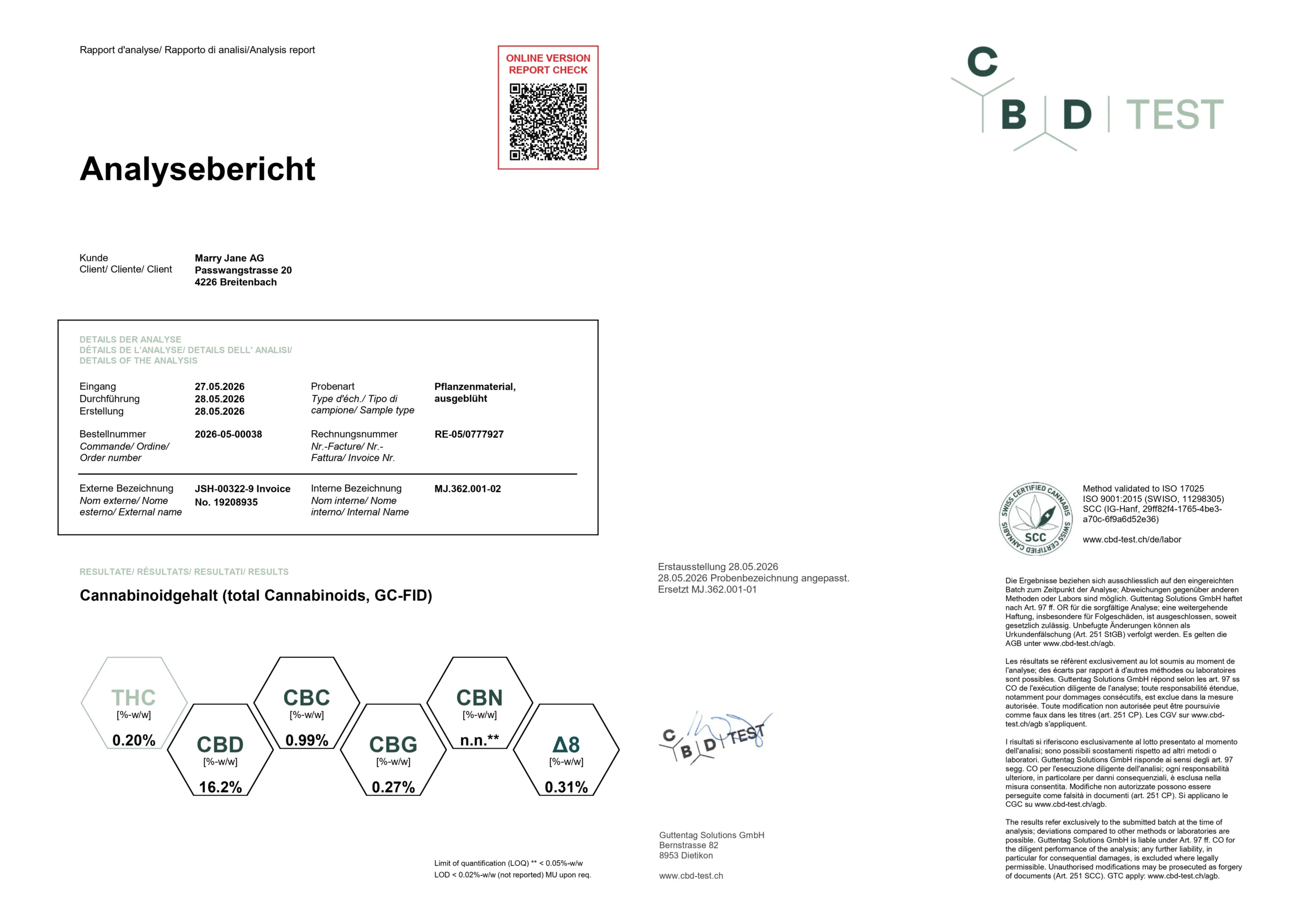 Laboratorietest certifikat FLY CBD Amnesia