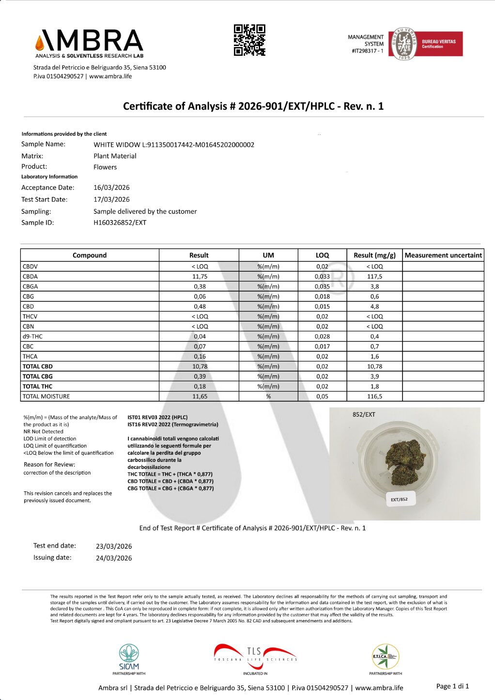 Laboratorietest certifikat FLY CBD White Widow